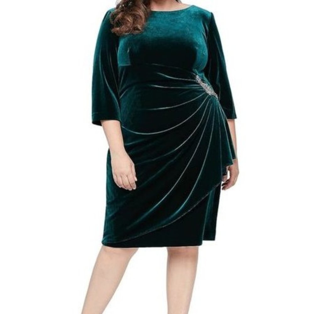 Velvet ALEX EVENINGS WOMAN Shift Green  3/4 Sleeve Formal Dress Plus 14